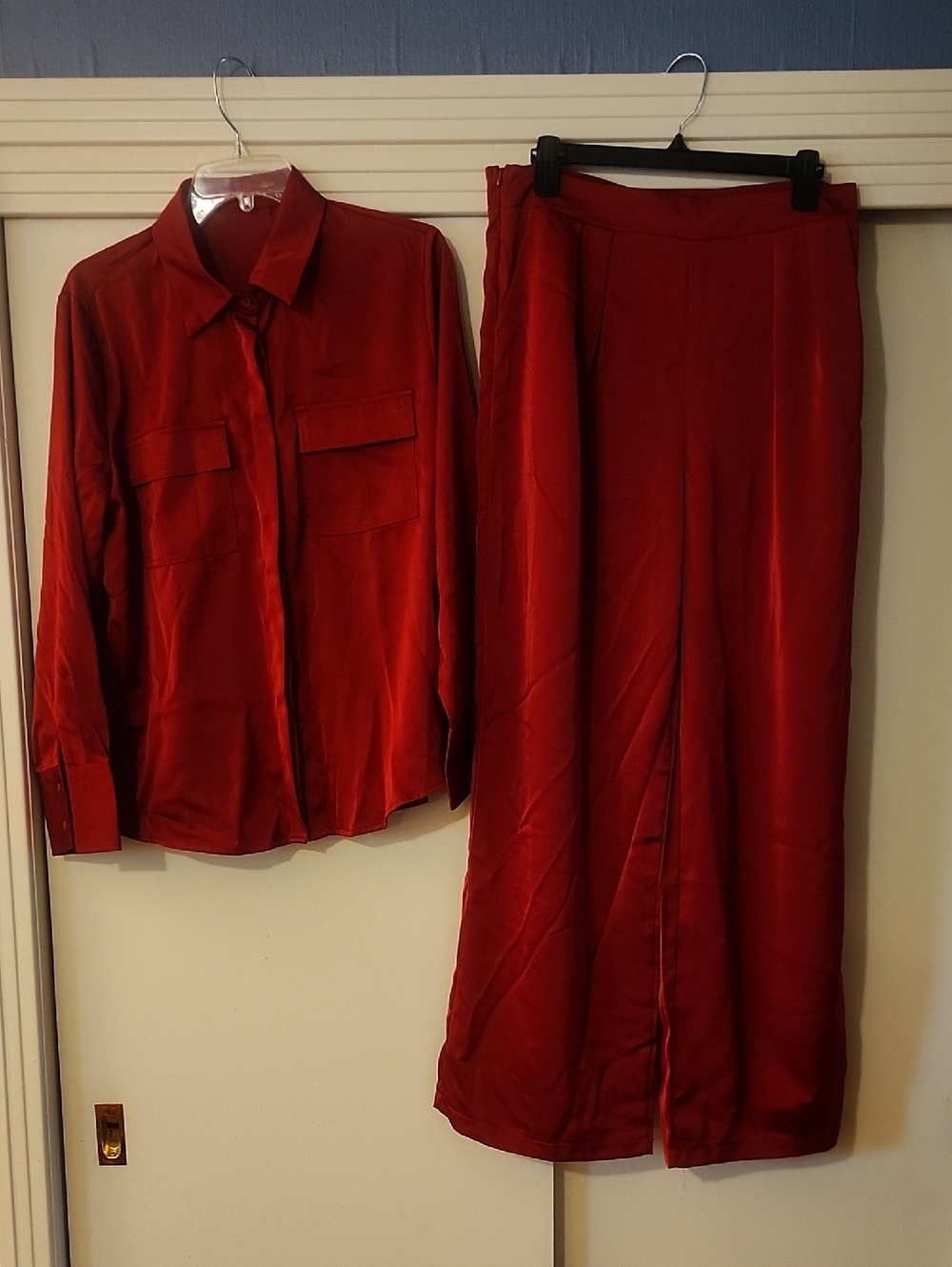 Red Women's Wide-Leg Pants with Matching Button-Down Shirt